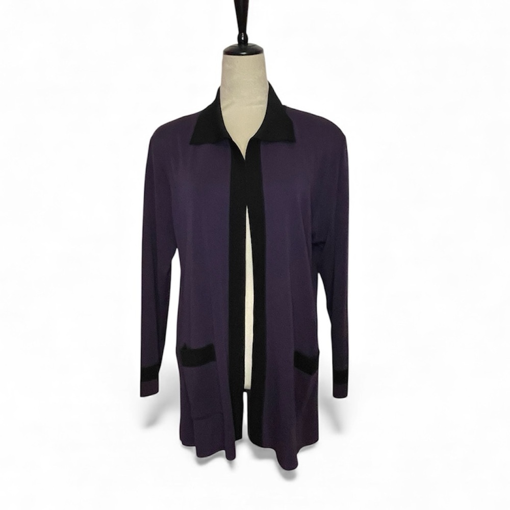 Exclusively Misook Purple and Black Open Front Sweater
